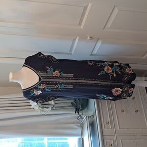 SUNDANCE Womens Black Cap Sleeve Floral Embroidered  Midi Dress Black Slip SMALL